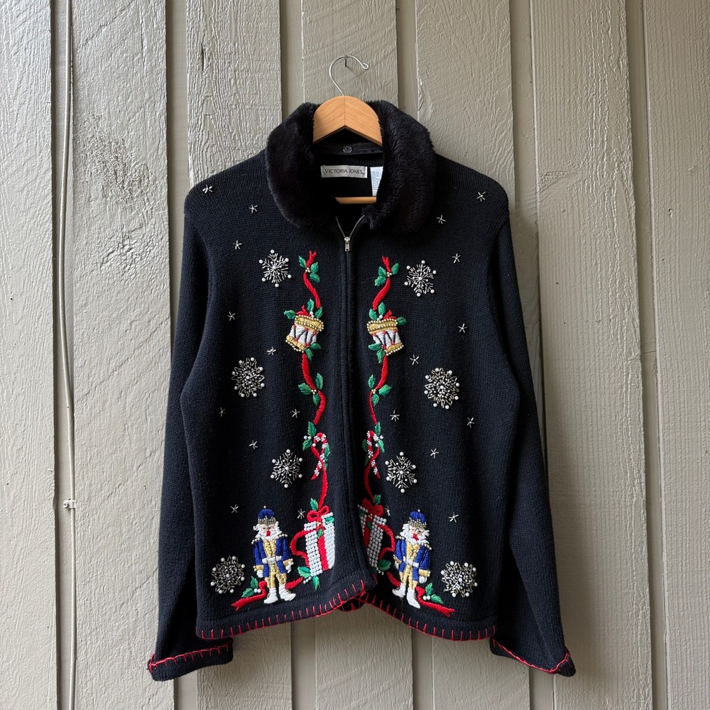 Victoria Jones Nutcracker Christmas Sweater Cardigan Women Large Black Zip Fur L